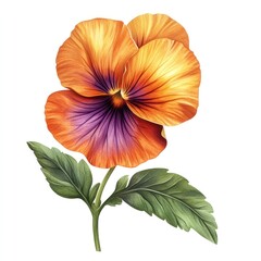 Naklejka premium Closeup of a beautiful vibrant viola pansy flower in full bloom with delicate vividly colored petals in shades of orange purple and yellow surrounded by lush green leaves