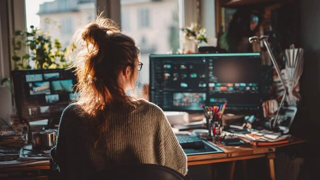Young woman engaged in creative work at a cluttered desk with multiple screens, sunlight streaming in
