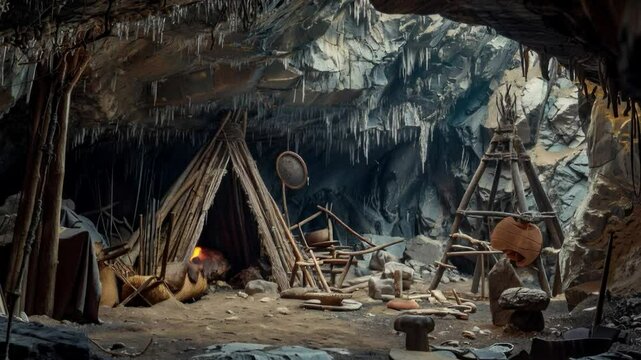 Interior of icy cave with hanging icicles, snow-covered ground, and makeshift shelter. Objects scattered suggest recent activity, hinting at primitive living conditions.

