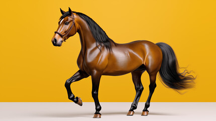 Obraz premium Brown horse walking gracefully against a vibrant yellow backdrop