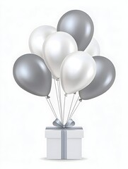 A gift box topped with silver and white balloons