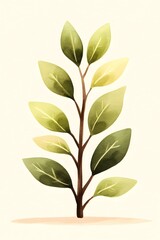 Watercolor painting of a stylized plant with varying shades of green leaves on a slender brown stem