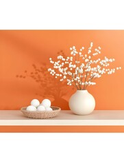 Fototapeta premium White blossoms in vase, white spheres in bowl on orange shelf