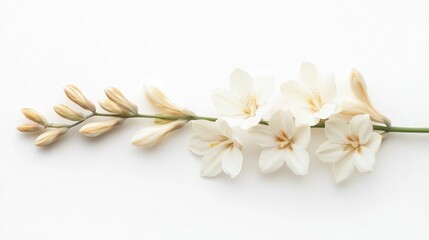 Fototapeta premium Elegant bouquet of beautiful white flowers with delicate petals blooming on a green stem branch against a bright and serene background conveying a sense of purity freshness and natural harmony