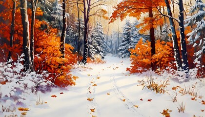 A winter forest path lined with vibrant autumn leaves.