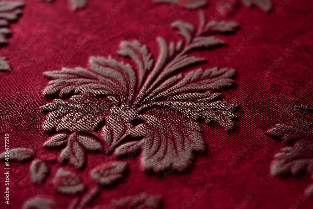 Poster close-up of red fabric with embossed gray floral pattern, showing texture and detail, representative