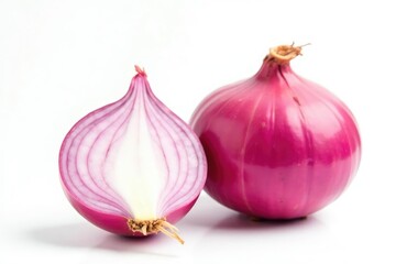 Fototapeta premium Single red onion, vibrant color, clean white background , root, grocery, closeup