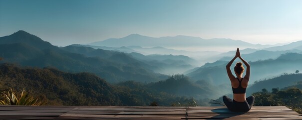 Woman practicing yoga at sunrise in the peaceful mountains