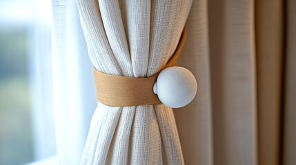 Clip-on magnetic tieback used to gather curtains stylishly