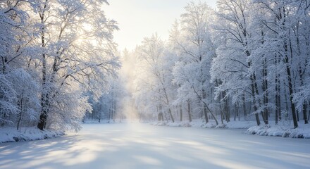 Obraz premium Winter Wonderland: Snow Covered Forest and Frozen Lake - Serene winter scene, snow-laden trees, frozen lake reflecting sunlight, peaceful atmosphere, symbolizing tranquility, purity, beauty