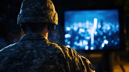 A soldier in camouflage uniform, looking at a screen displaying a nighttime cityscape, likely a military operation or training exercise.