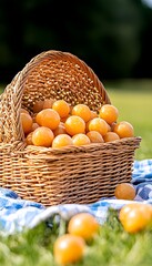 A wicker basket overflowing with vibrant yellow plums sits on a checkered picnic blanket in a sunny, grassy field.  A few plums spill onto the grass nearby