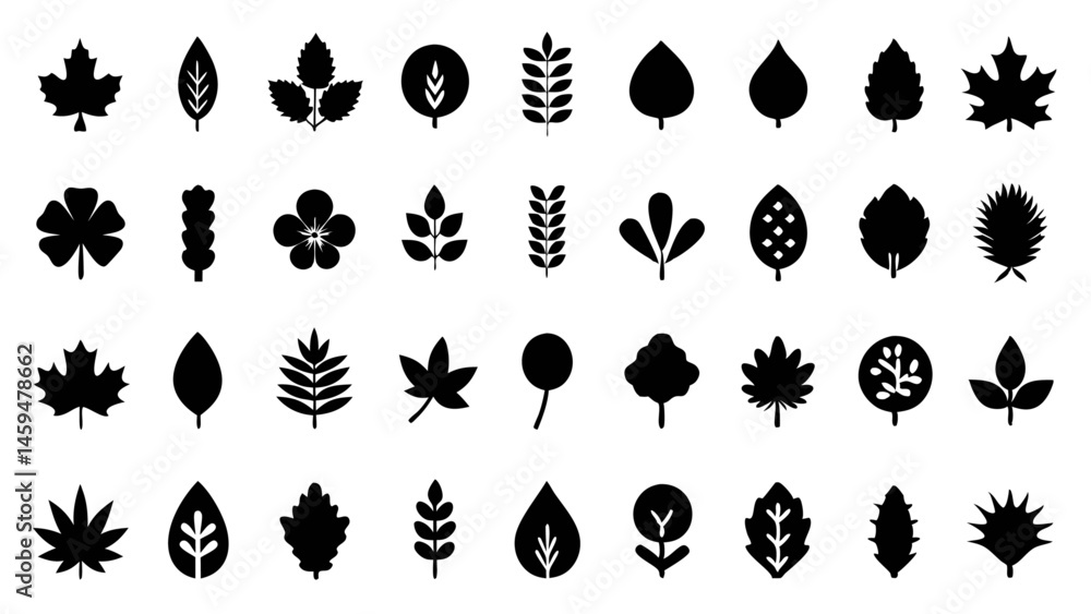 Poster create a set of unique black leaf icons with detailed designs on a white background for versatile us