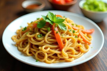 Stir-fried noodles with vegetables on white plate, food, appetizer