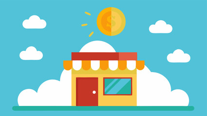 Obraz premium Sunshine and Sale Clouds Fluffy white clouds drift in a sunny sky golden discount coins onto a boutique filled with eager customers.