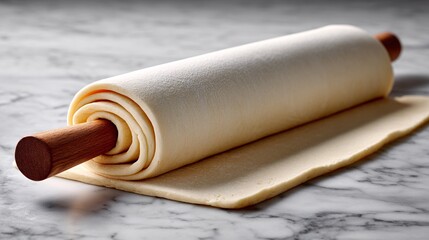 Fototapeta premium Close-up shot of dough being rolled, perfect for baking, placed on a marble surface.