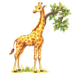 Fototapeta premium A Cartoon Giraffe Stretching to Reach a High Branch Isolated on Transparent Background