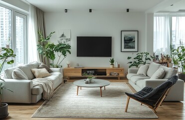 Fototapeta premium Modern living room interior design, city view (2)