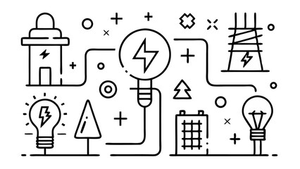 Electricity line icon set for electric power lines and lighting solutions in urban and rural electrical grids