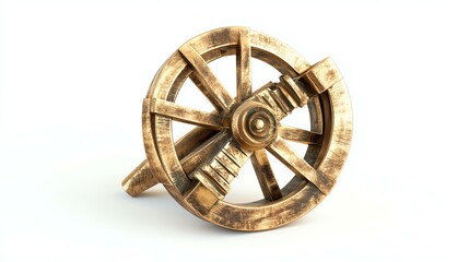 Obraz premium A realistic shot of a brooch shaped like an ancient Indian spinning wheel, realistic brass, clean white background, soft lighting