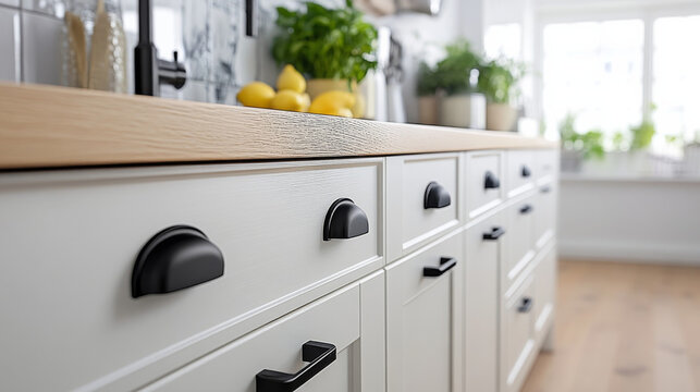 Close-up of sleek black handles on clean white cabinet doors