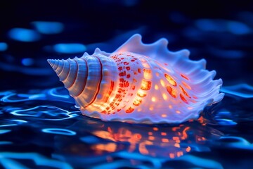 A glowing seashell floating on the water, its intricate patterns and vibrant colors reflecting in the surrounding waters. The shell is white with red stripes that give it an otherworldly appearance. I