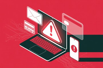 A digital illustration showcasing a cybersecurity warning with a laptop and a smartphone.