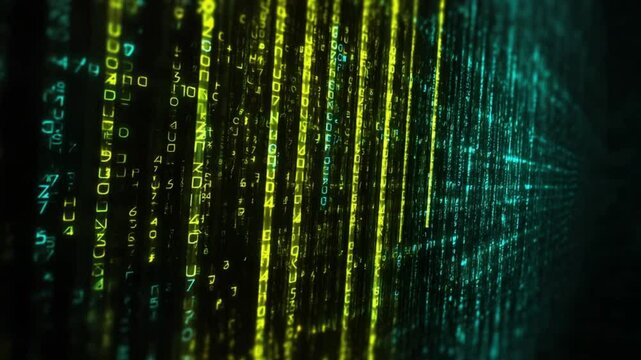 Abstract digital background featuring cascading binary code in vibrant colors, symbolizing technology and data
