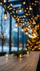 Festive Interior with Glowing String Lights, Christmas Tree and Wooden Table