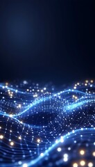 Glowing network of nodes and connections forming undulating waves against a dark background