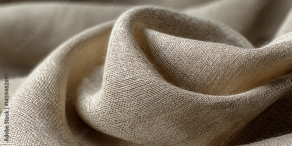 Poster close-up of beige fabric texture, showing its woven structure and soft drape, suggesting comfort and