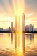 Obraz premium Golden sunset over a cityscape reflected in calm water