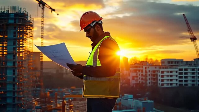 Worker Overlooking Construction Site at Sunset in Urban Area