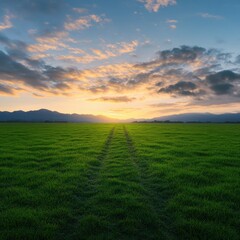Fototapeta premium Green field with mountains at sunset