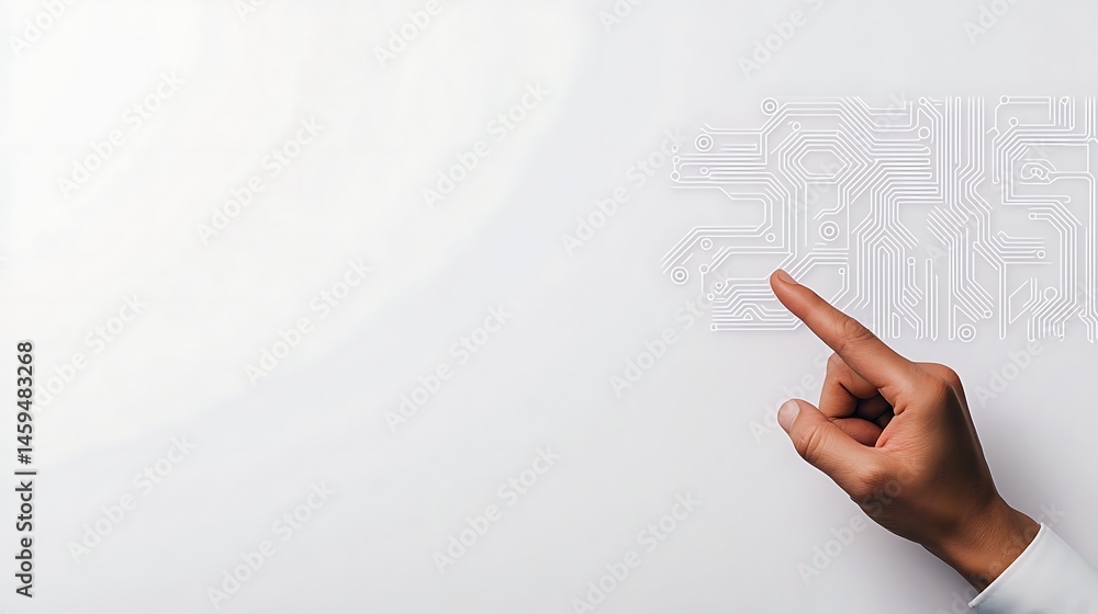 Poster invention robotics decision making concept, a human hand points towards an abstract circuit design o