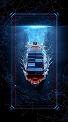 A cargo ship moves through blue waters, showcasing modern maritime logistics with a tech-inspired design and dynamic motion. Perfect for transport themes.