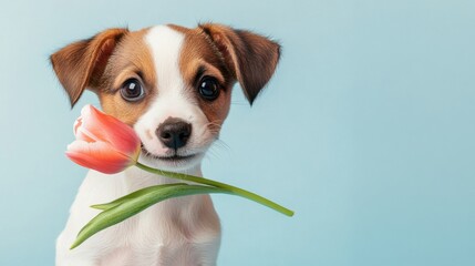 A cute puppy holding a tulip in its mouth, sitting against a light blue background.