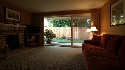 A cozy living room with a fireplace and a view of the backyard.