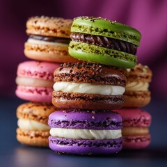 a stack of colorful macarons with glossy shell