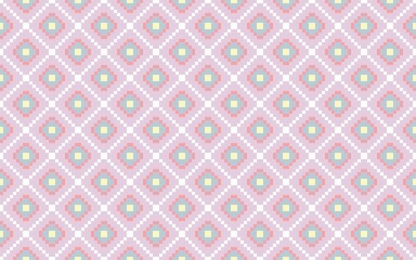 Retro pixel-art seamless pattern featuring pastel geometric diamond shapes in soft pink, mint and cream tones. Ideal for digital wallpapers, textiles, web backgrounds, or vintage-themed design project