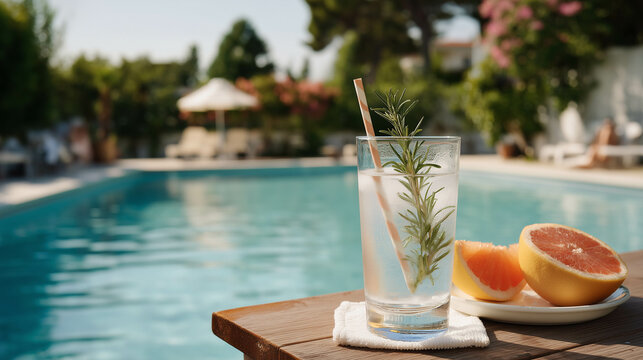 A stylish gin and tonic with rosemary and grapefruit garnish, placed beside a luxury pool, bright clear afternoon.