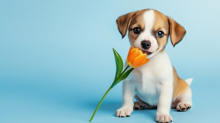 A cute puppy holding a tulip in its mouth, sitting against a light blue background.