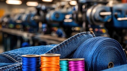 Denim fabric production: spools of thread and jeans in a factory setting.