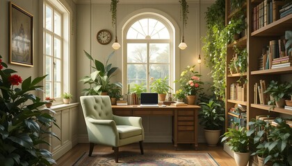 Fototapeta premium Serene Study Nook Green Armchair, Wooden Desk, Plants