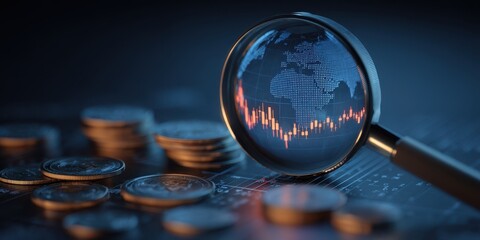 global economy policy forecast. Magnifying glass over a globe and coins, emphasizing finance and analytics.