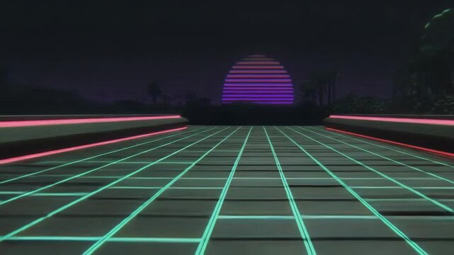 Futuristic grid pathway towards neon sunset illustration