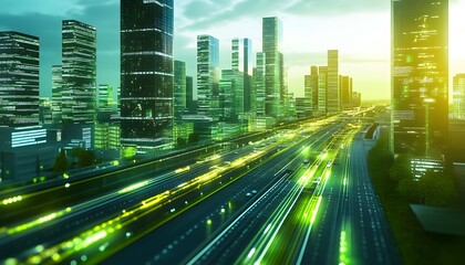 Fototapeta premium High-angle cityscape view of a futuristic metropolis at sunrise.