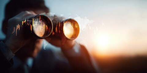 global economy policy forecast. Person using binoculars with a digital world map overlay in the background.