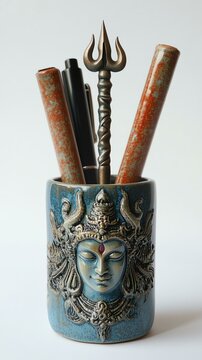 A realistic shot of a pen holder with a Shiva trident design, realistic ceramic, clean white background, soft lighting
