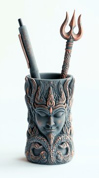 A realistic shot of a pen holder with a Shiva trident design, realistic ceramic, clean white background, soft lighting